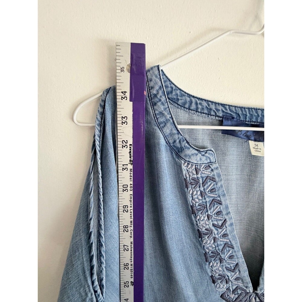 Blue Rain Chambray Tunic Dress Medium Blue Tencel Embroidered V-Neck Pockets Boh - Picture 10 of 11